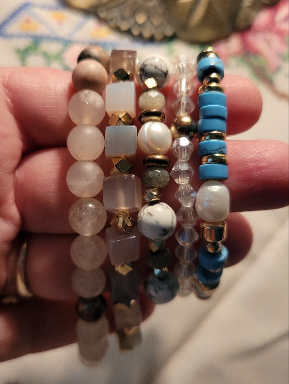 Lot of 5 Beaded Bracelet Set in Blue, White & Neutral Tones